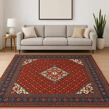 8' X 11' Red Blue Ivory And Orange Oriental Power Loom Stain Resistant Area Rug With Fringe