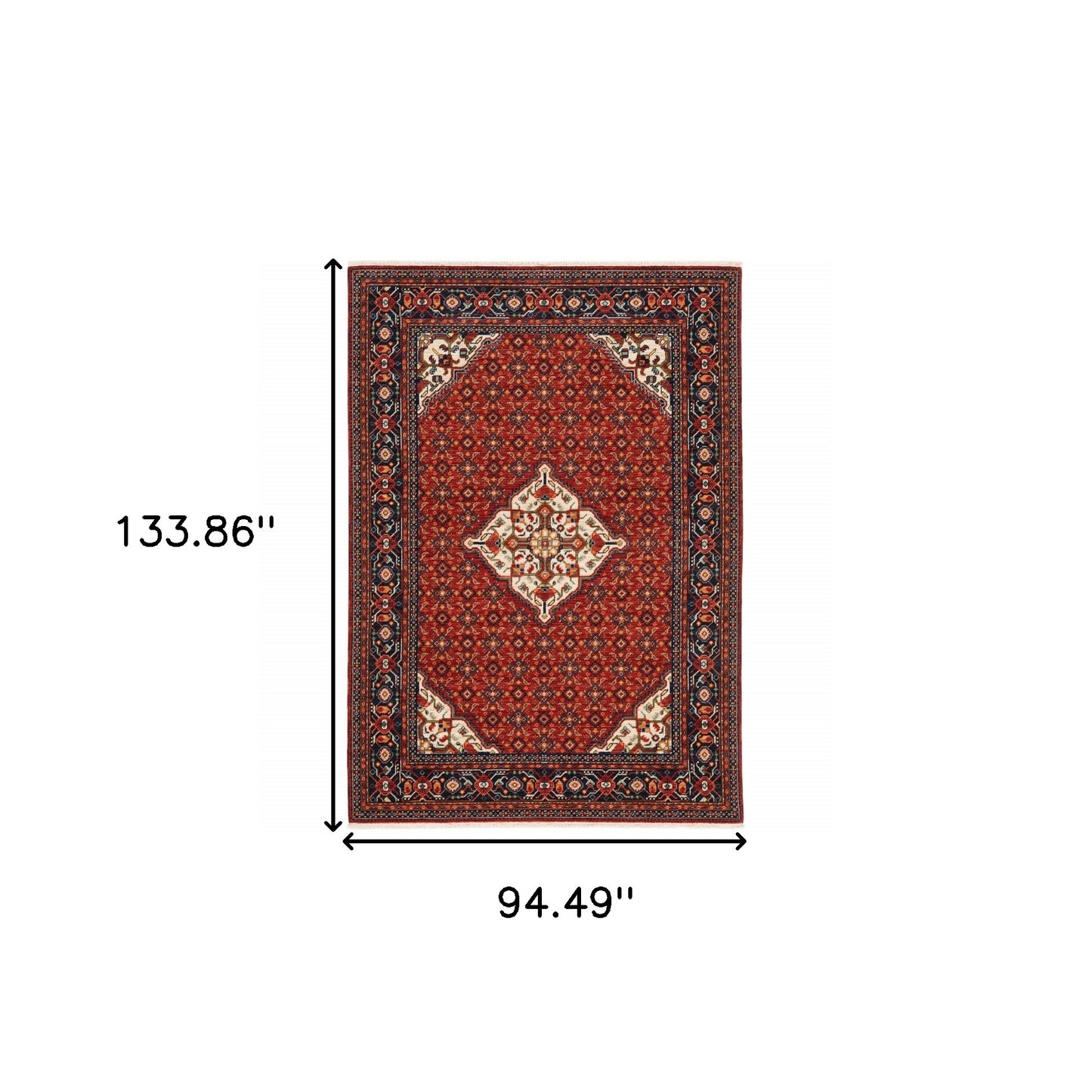 8' X 11' Red Blue Ivory And Orange Oriental Power Loom Stain Resistant Area Rug With Fringe