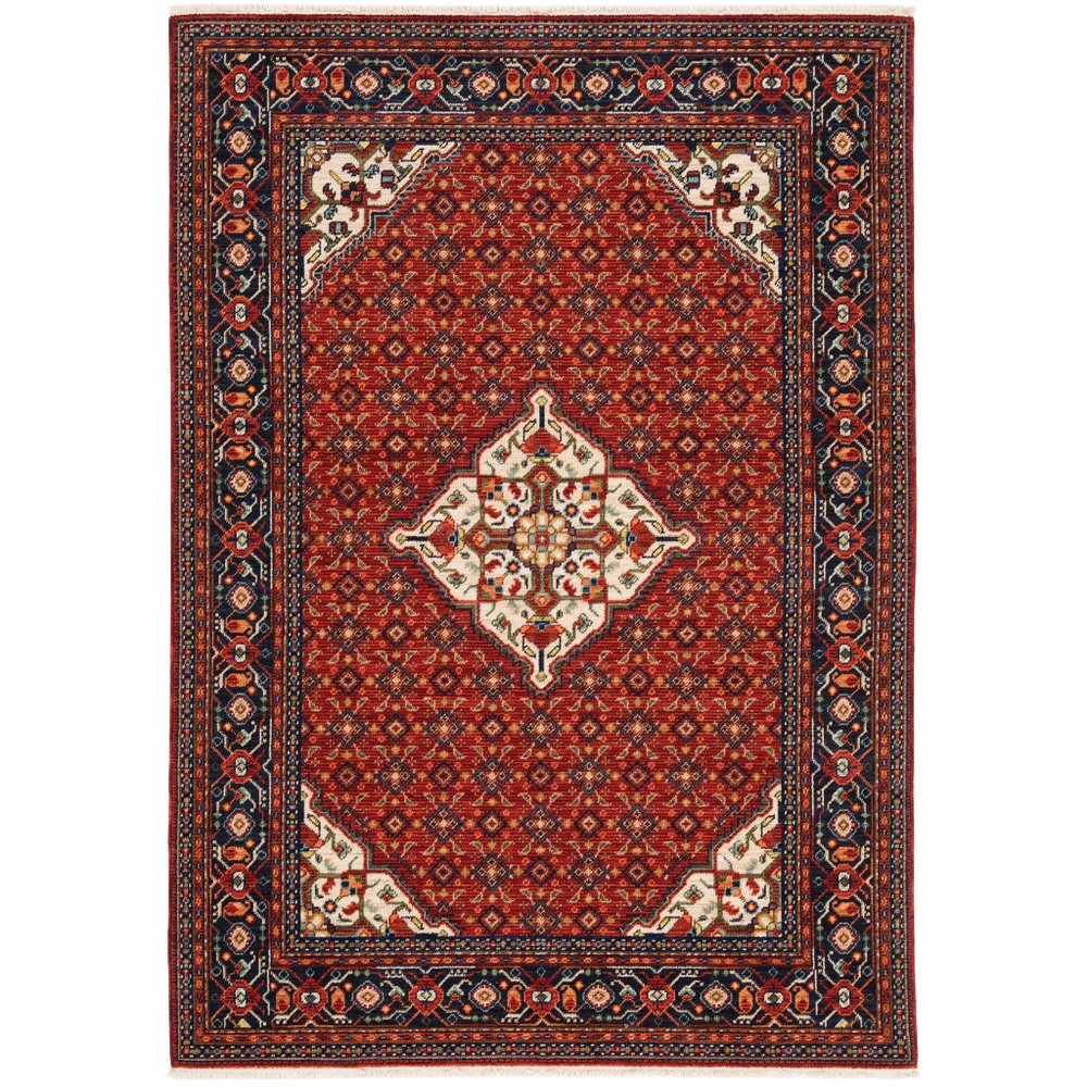 8' X 11' Red Blue Ivory And Orange Oriental Power Loom Stain Resistant Area Rug With Fringe