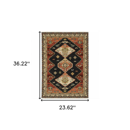 2' X 3' Charcoal Brown Orange Salmon Gold Navy Ivory And Pale Blue Oriental Power Loom Stain Resistant Area Rug With Fringe