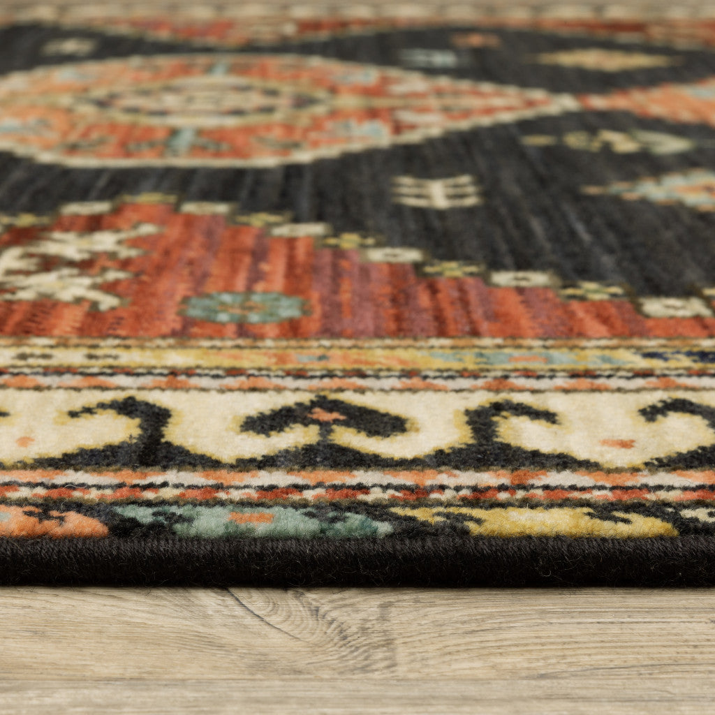 2' X 3' Charcoal Brown Orange Salmon Gold Navy Ivory And Pale Blue Oriental Power Loom Stain Resistant Area Rug With Fringe