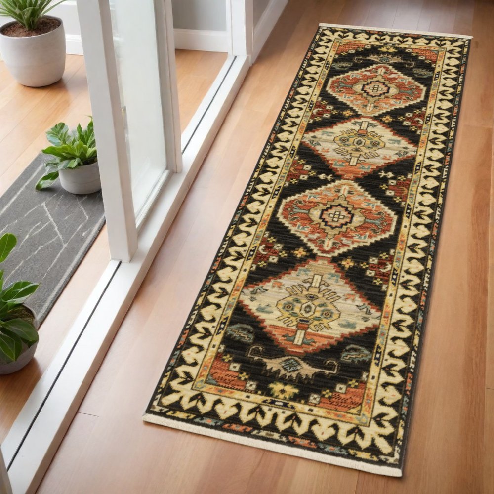 2' X 6' Navy Blue Oriental Power Loom Runner Rug With Fringe