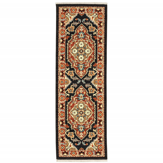 2' X 6' Black Orange And Beige Oriental Power Loom Stain Resistant Runner Rug With Fringe