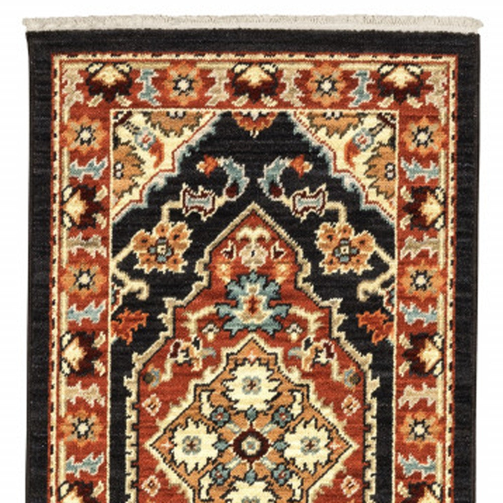 2' X 6' Black Orange And Beige Oriental Power Loom Stain Resistant Runner Rug With Fringe