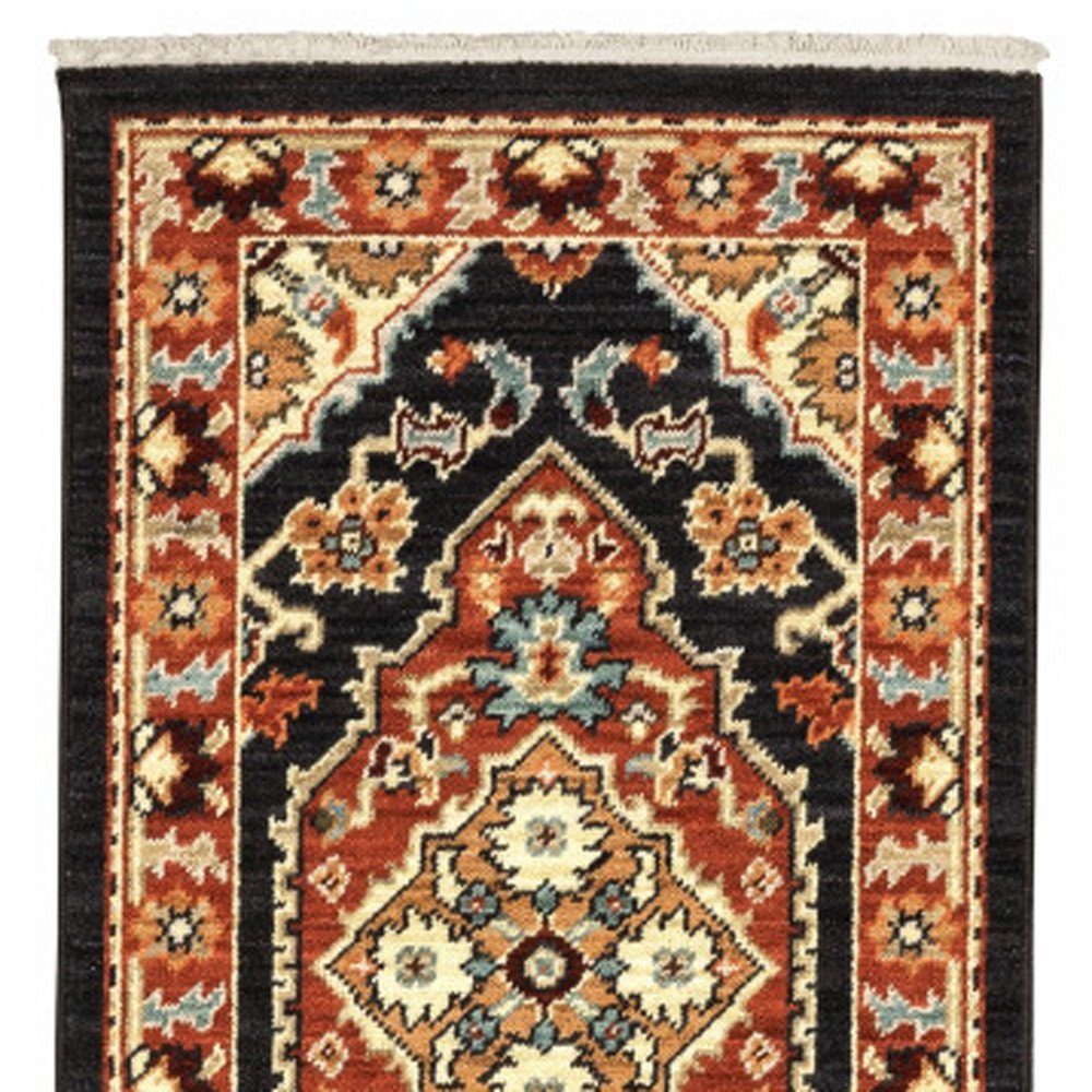 2' X 6' Black Orange And Beige Oriental Power Loom Stain Resistant Runner Rug With Fringe