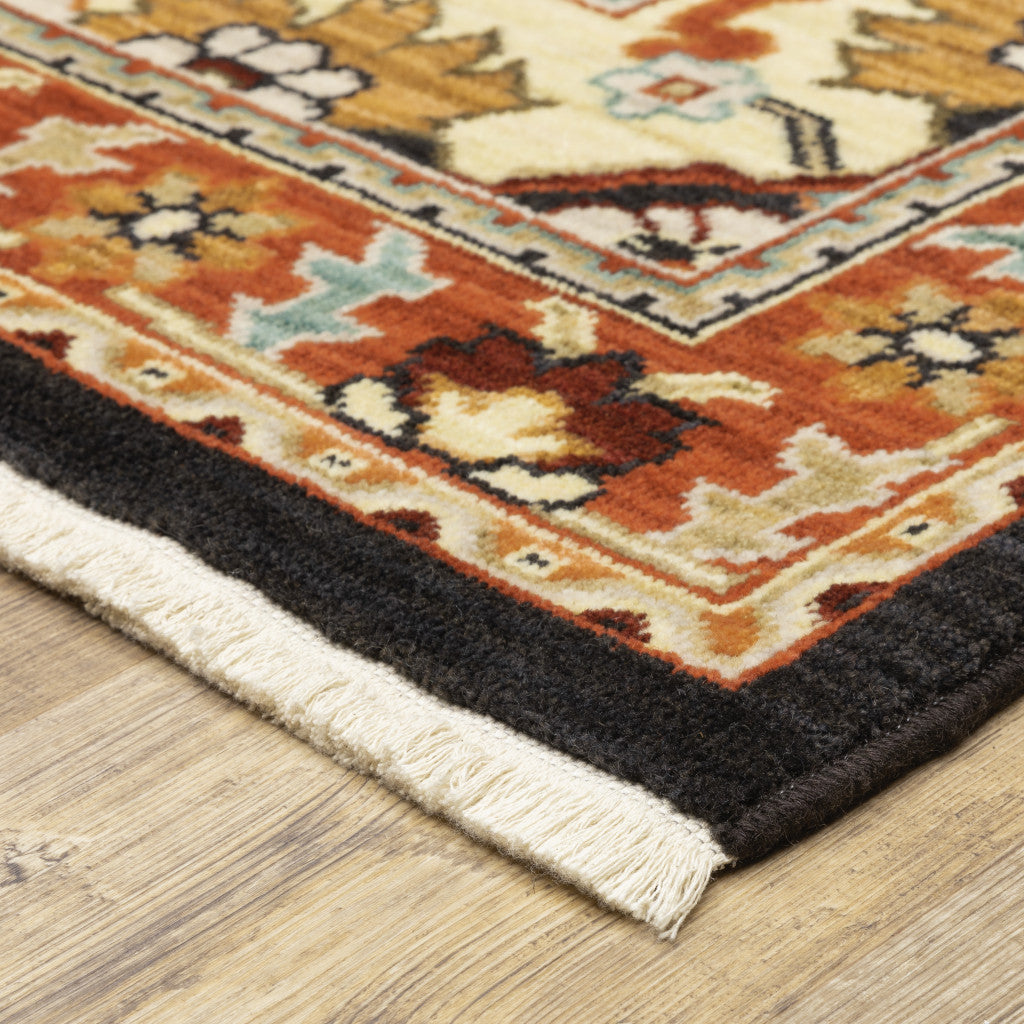 2' X 6' Black Orange And Beige Oriental Power Loom Stain Resistant Runner Rug With Fringe