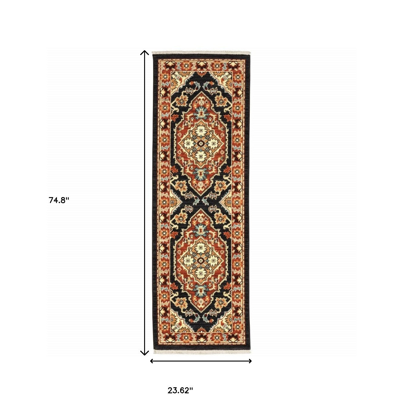 2' X 6' Black Orange And Beige Oriental Power Loom Stain Resistant Runner Rug With Fringe