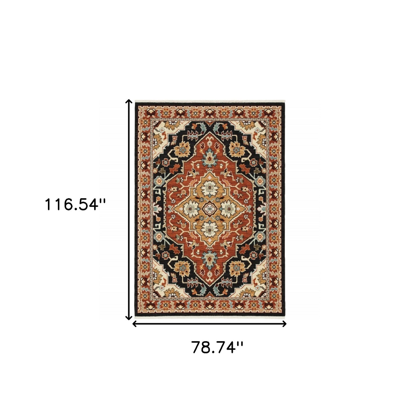 6' X 9' Black Orange And Beige Oriental Power Loom Stain Resistant Area Rug With Fringe