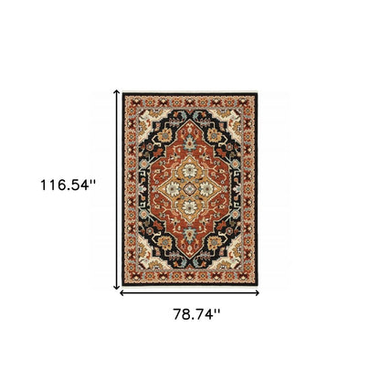 7' X 10' Black And Red Oriental Area Rug With Fringe