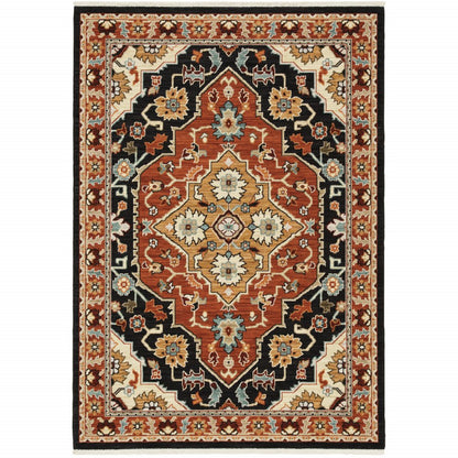 7' X 10' Black And Red Oriental Area Rug With Fringe
