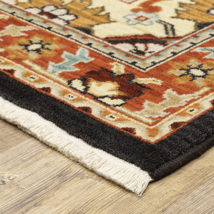 7' X 10' Black And Red Oriental Area Rug With Fringe