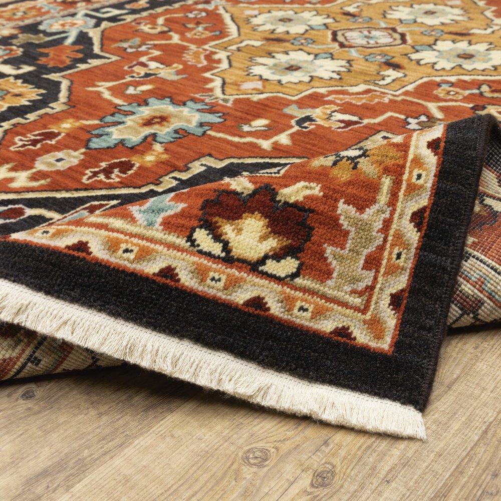 7' X 10' Black And Red Oriental Area Rug With Fringe