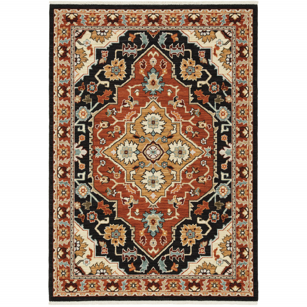 8' X 11' Black Orange And Beige Oriental Power Loom Stain Resistant Area Rug With Fringe