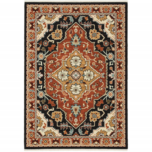 8' X 11' Black Orange And Beige Oriental Power Loom Stain Resistant Area Rug With Fringe