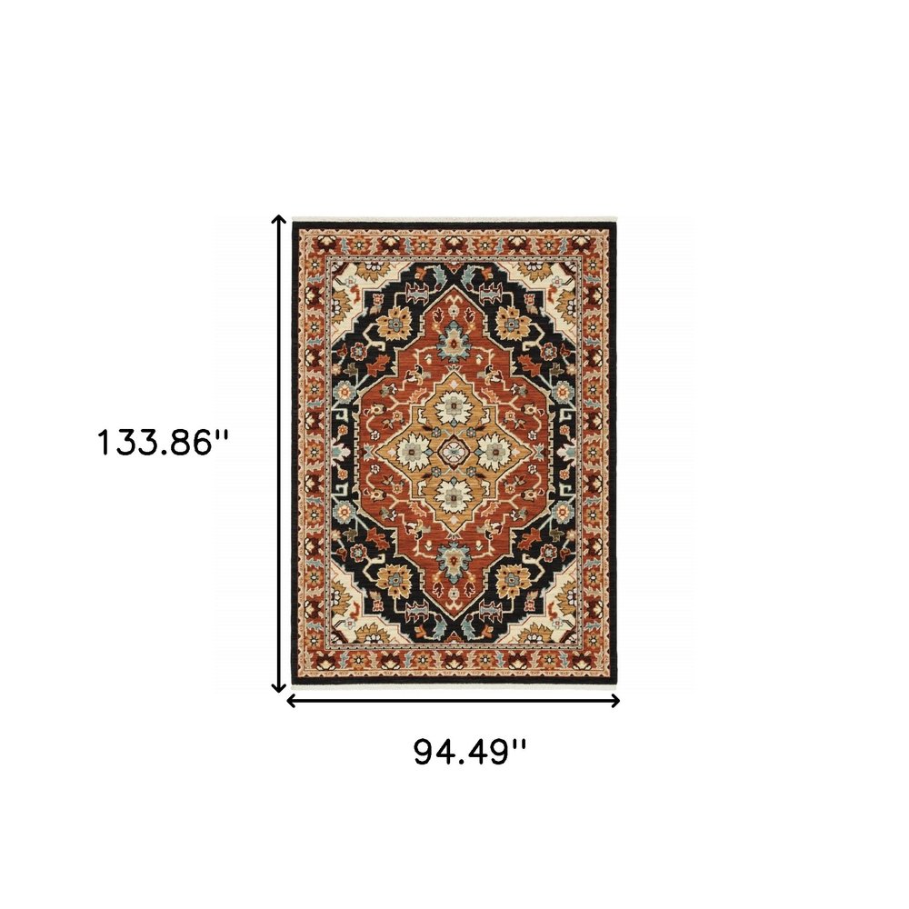 8' X 11' Black And Orange Oriental Area Rug With Fringe