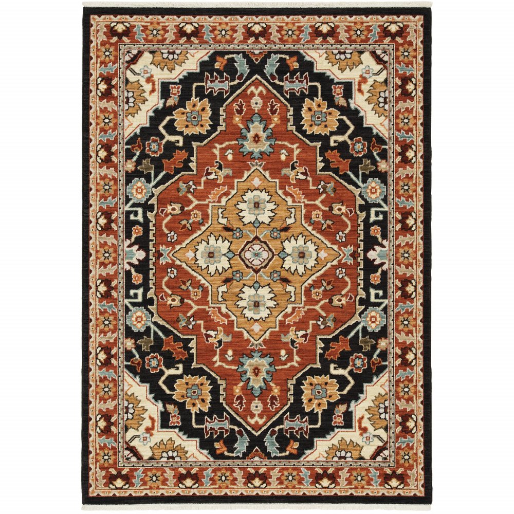 8' X 11' Black And Orange Oriental Area Rug With Fringe