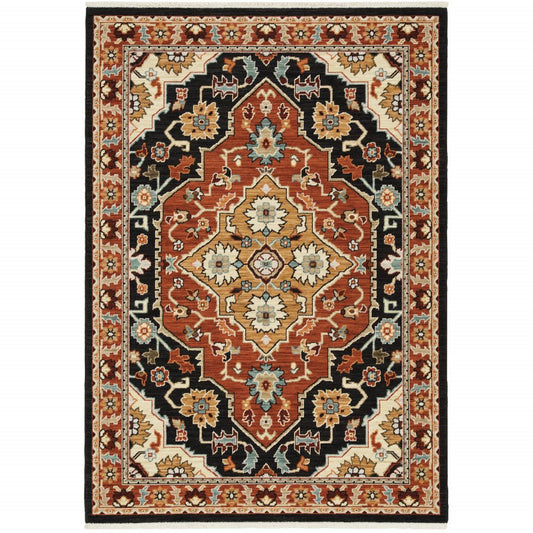 8' X 11' Black And Orange Oriental Area Rug With Fringe