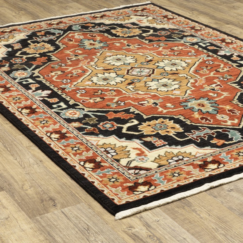 8' X 11' Black And Orange Oriental Area Rug With Fringe