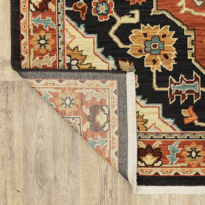 8' X 11' Black And Orange Oriental Area Rug With Fringe
