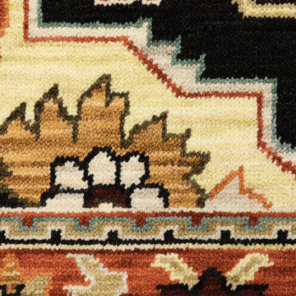 8' X 11' Black And Orange Oriental Area Rug With Fringe