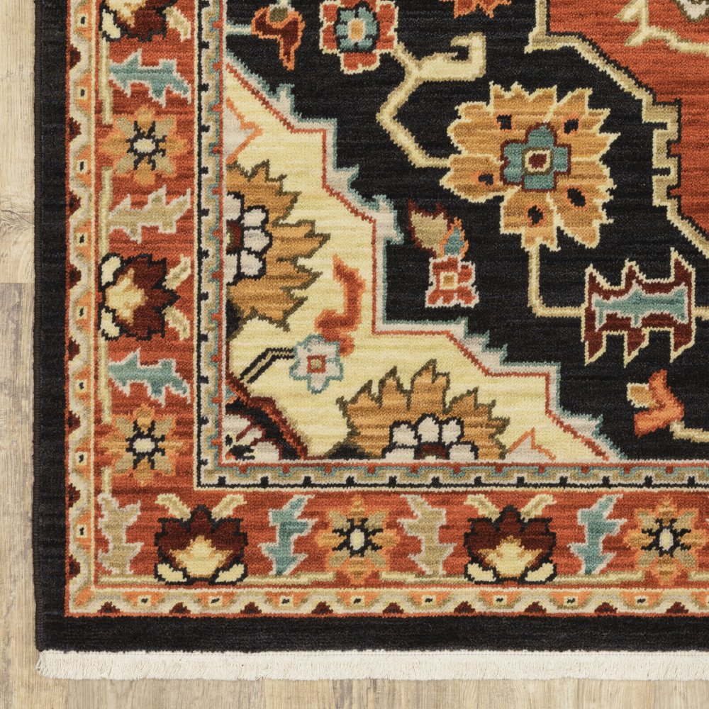 8' X 11' Black And Orange Oriental Area Rug With Fringe