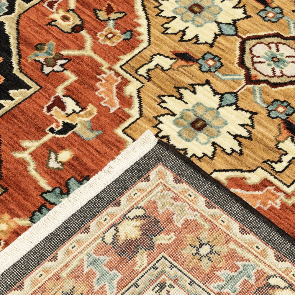 8' X 11' Black And Orange Oriental Area Rug With Fringe