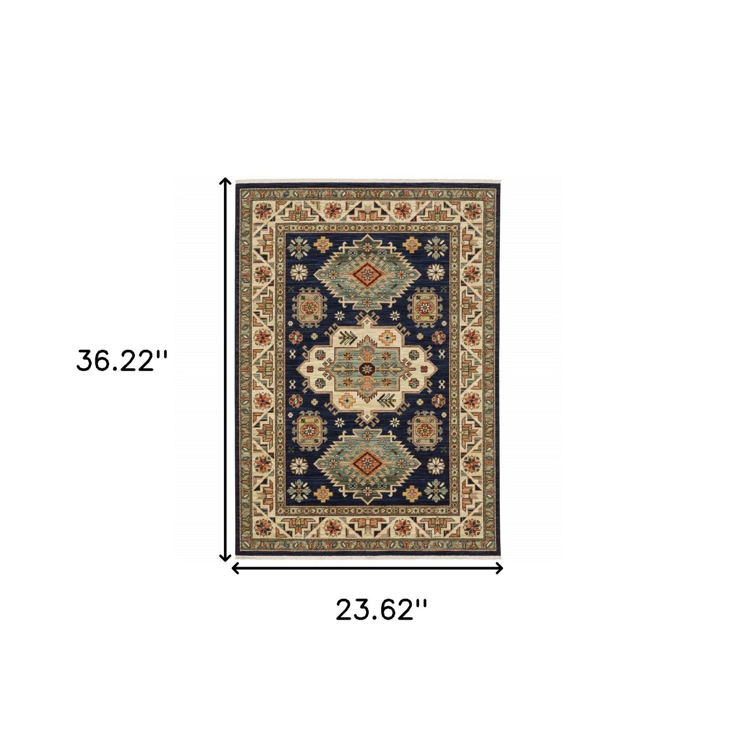 2' X 3' Navy Charcoal Orange Rust Gold Pale Blue Olive Beige And Salmon Oriental Power Loom Stain Resistant Area Rug With Fringe