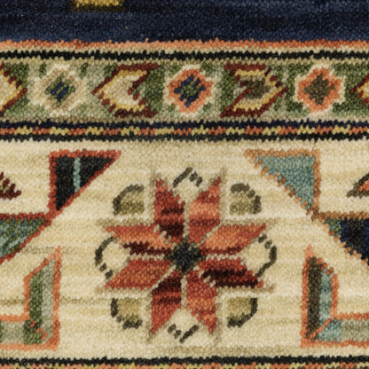 2' X 3' Navy Charcoal Orange Rust Gold Pale Blue Olive Beige And Salmon Oriental Power Loom Stain Resistant Area Rug With Fringe