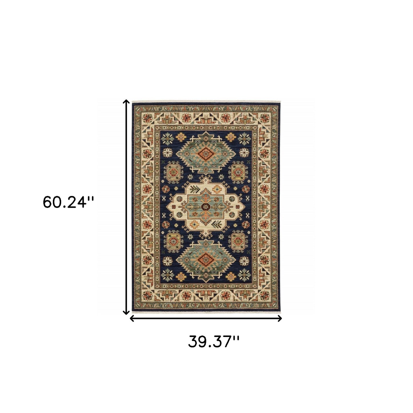 3' X 5' Navy Charcoal Orange Rust Gold Pale Blue Olive Beige And Salmon Oriental Power Loom Stain Resistant Area Rug With Fringe