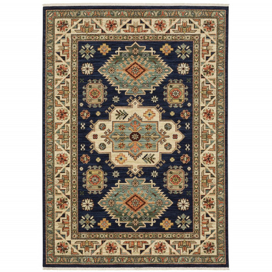 3' X 5' Navy Charcoal Orange Rust Gold Pale Blue Olive Beige And Salmon Oriental Power Loom Stain Resistant Area Rug With Fringe
