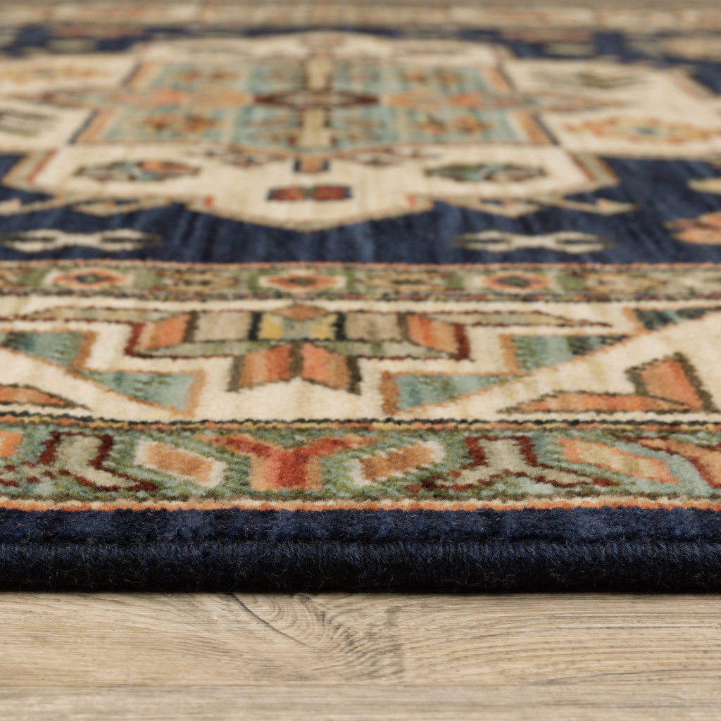 3' X 5' Navy Charcoal Orange Rust Gold Pale Blue Olive Beige And Salmon Oriental Power Loom Stain Resistant Area Rug With Fringe