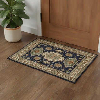 3' X 5' Navy Charcoal Orange Rust Gold Pale Blue Olive Beige And Salmon Oriental Power Loom Stain Resistant Area Rug With Fringe