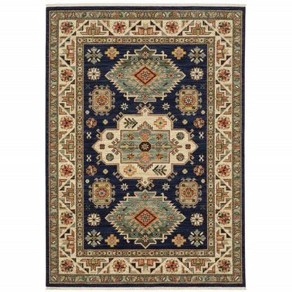 5' X 8' Blue and Beige Oriental Power Loom Area Rug With Fringe