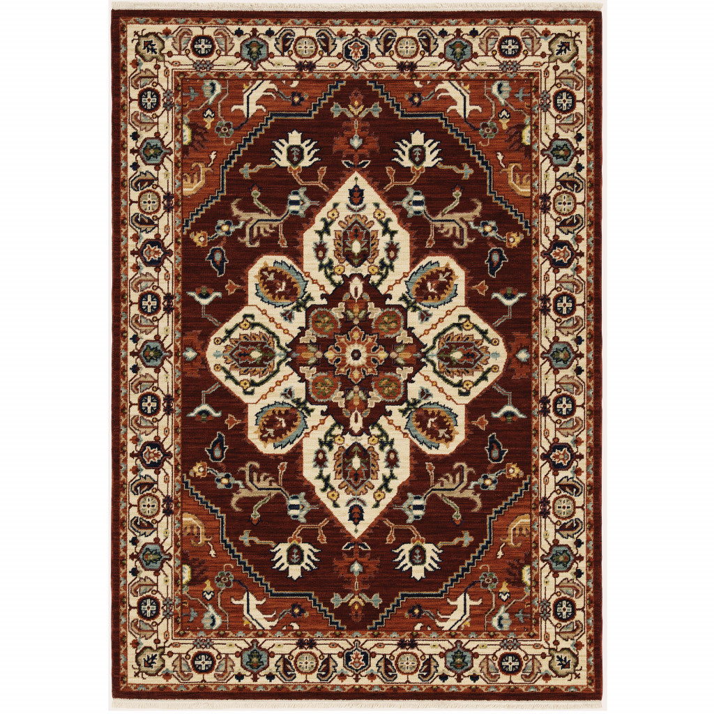 2' X 3' Red Ivory Orange And Blue Oriental Power Loom Stain Resistant Area Rug With Fringe