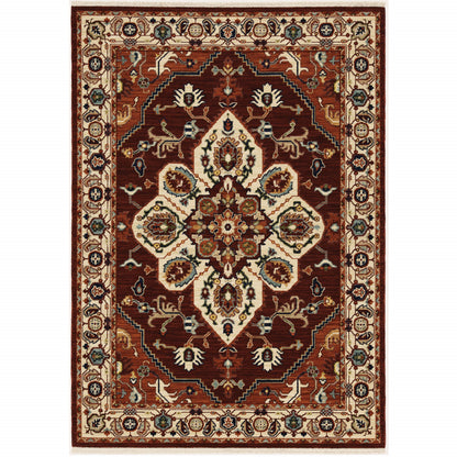 2' X 3' Red Ivory Orange And Blue Oriental Power Loom Stain Resistant Area Rug With Fringe