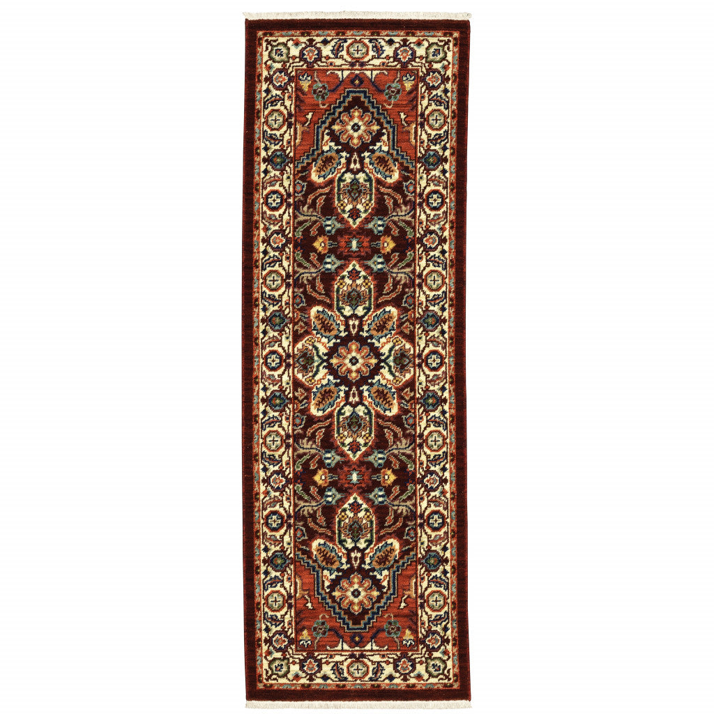 2' X 6' Red Ivory Orange And Blue Oriental Power Loom Stain Resistant Runner Rug With Fringe