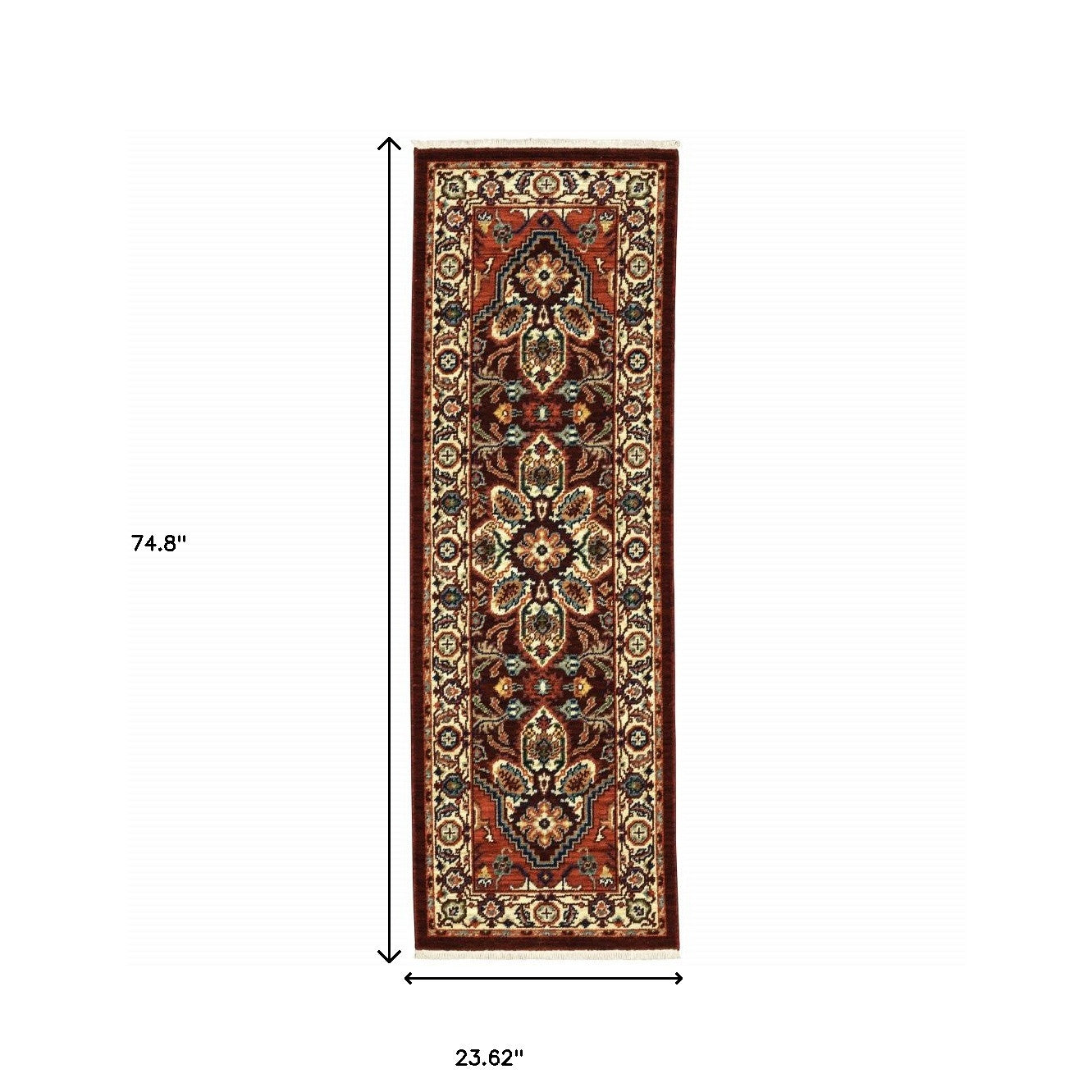 2' X 6' Red Ivory Orange And Blue Oriental Power Loom Stain Resistant Runner Rug With Fringe