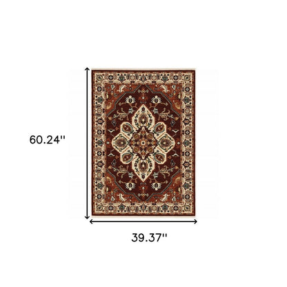 3' X 5' Red Ivory Orange And Blue Oriental Power Loom Stain Resistant Area Rug With Fringe
