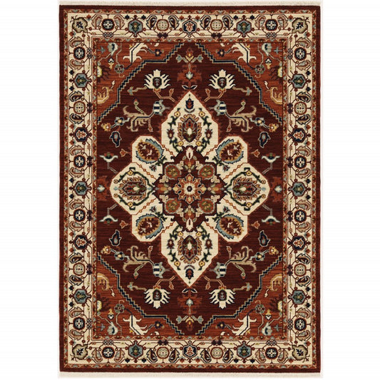 3' X 5' Red Ivory Orange And Blue Oriental Power Loom Stain Resistant Area Rug With Fringe