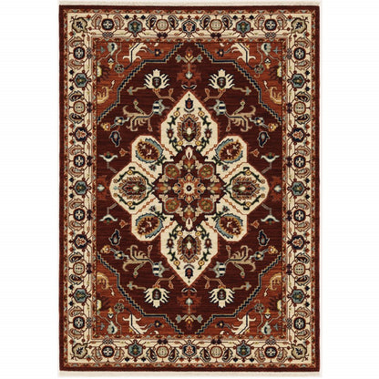 7' X 10' Red And Ivory Oriental Area Rug With Fringe