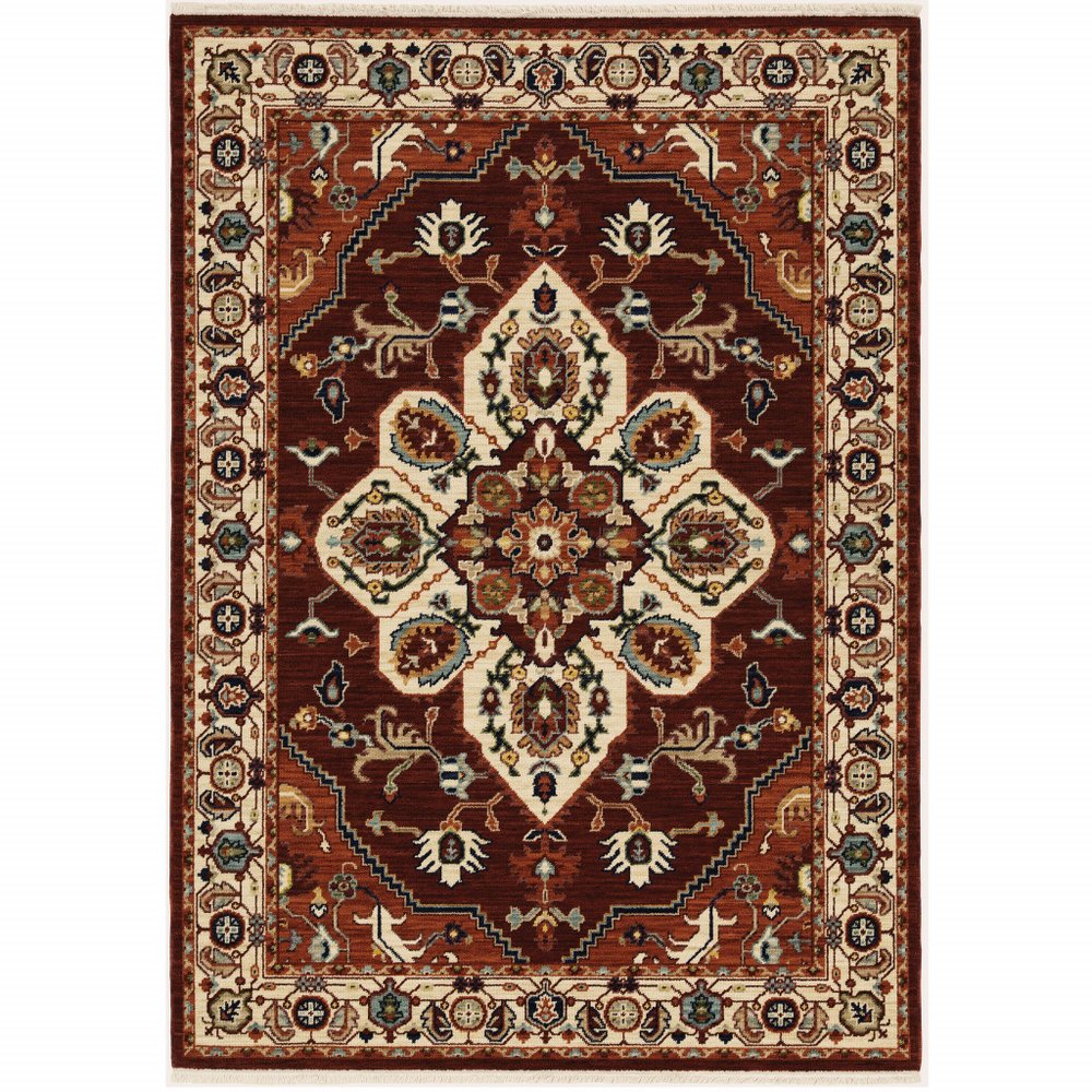 7' X 10' Red And Ivory Oriental Area Rug With Fringe