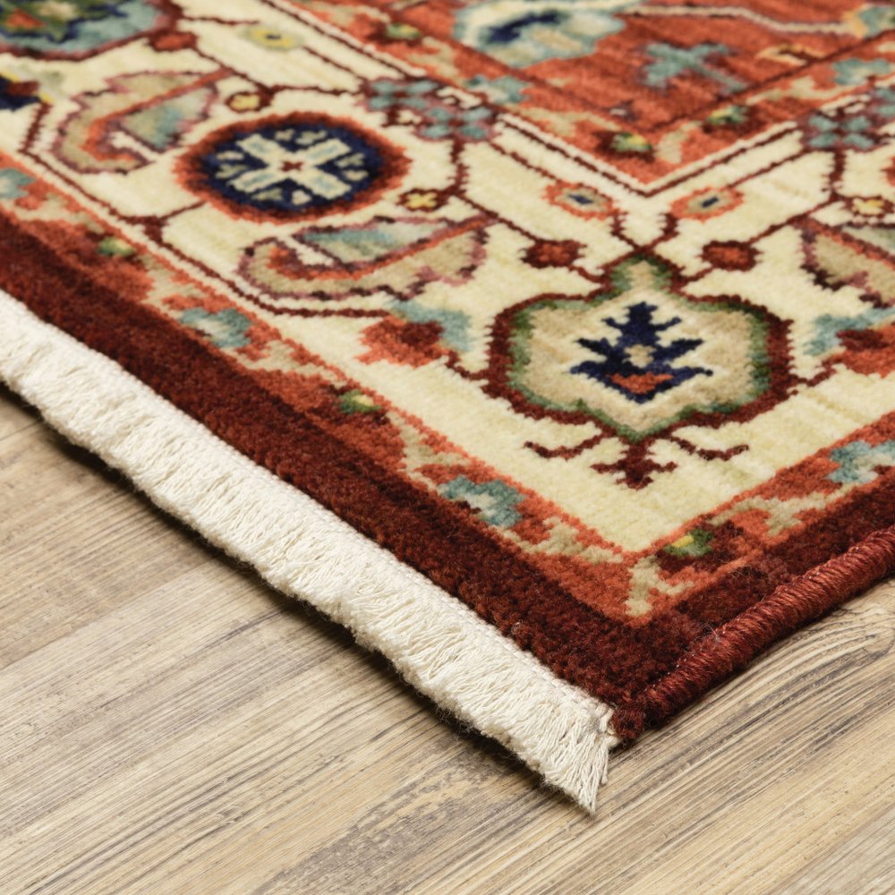 7' X 10' Red And Ivory Oriental Area Rug With Fringe