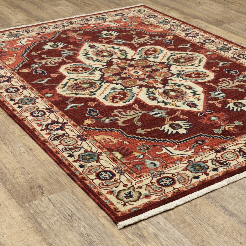 7' X 10' Red And Ivory Oriental Area Rug With Fringe