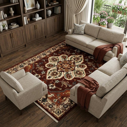 8' X 11' Red And Ivory Oriental Area Rug With Fringe