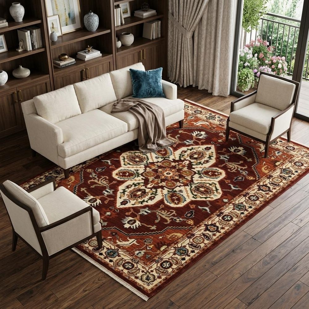 8' X 11' Red And Ivory Oriental Area Rug With Fringe