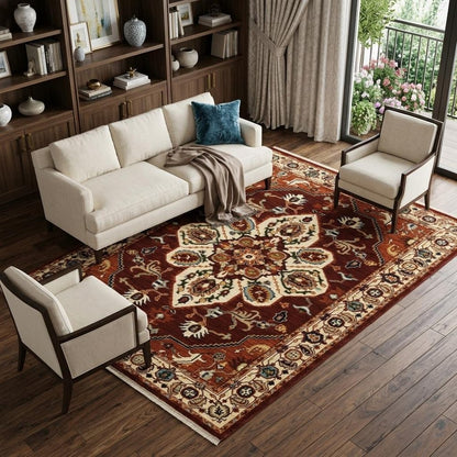 8' X 11' Red And Ivory Oriental Area Rug With Fringe
