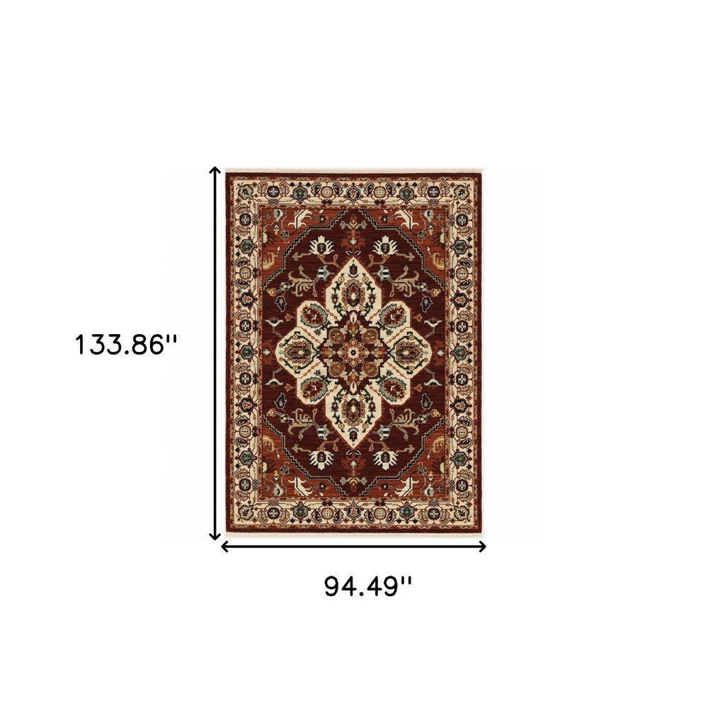8' X 11' Red And Ivory Oriental Area Rug With Fringe
