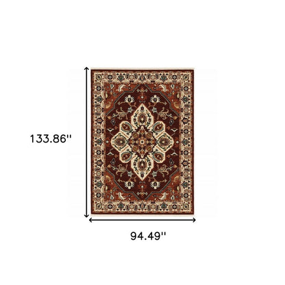 8' X 11' Red And Ivory Oriental Area Rug With Fringe
