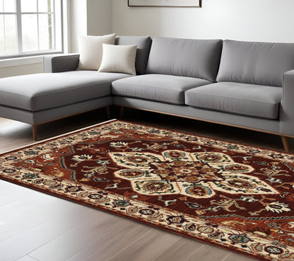8' X 11' Red And Ivory Oriental Area Rug With Fringe