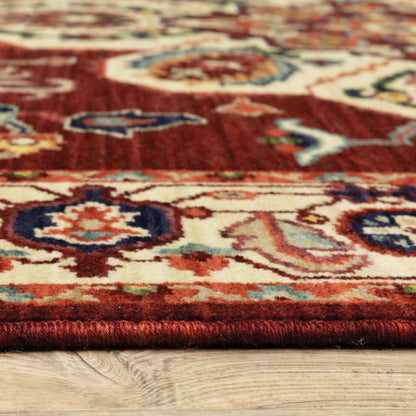 8' X 11' Red And Ivory Oriental Area Rug With Fringe